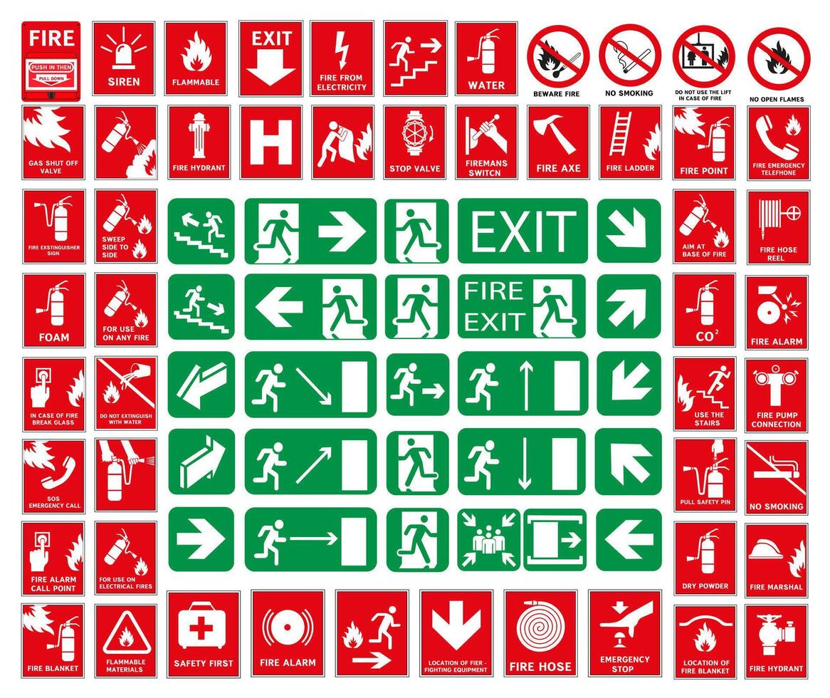 Set of emergency exit signs in case of fire danger. As well as signs associated with fire. vector