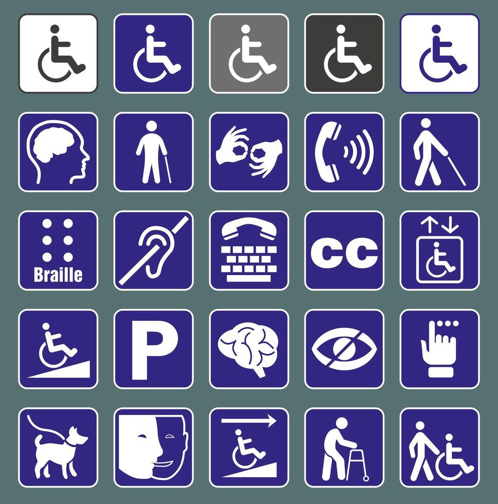 Set of disability icons or graphic elements with information about disability, accessibility icons for people with disabilities or people with disabilities icons. vector