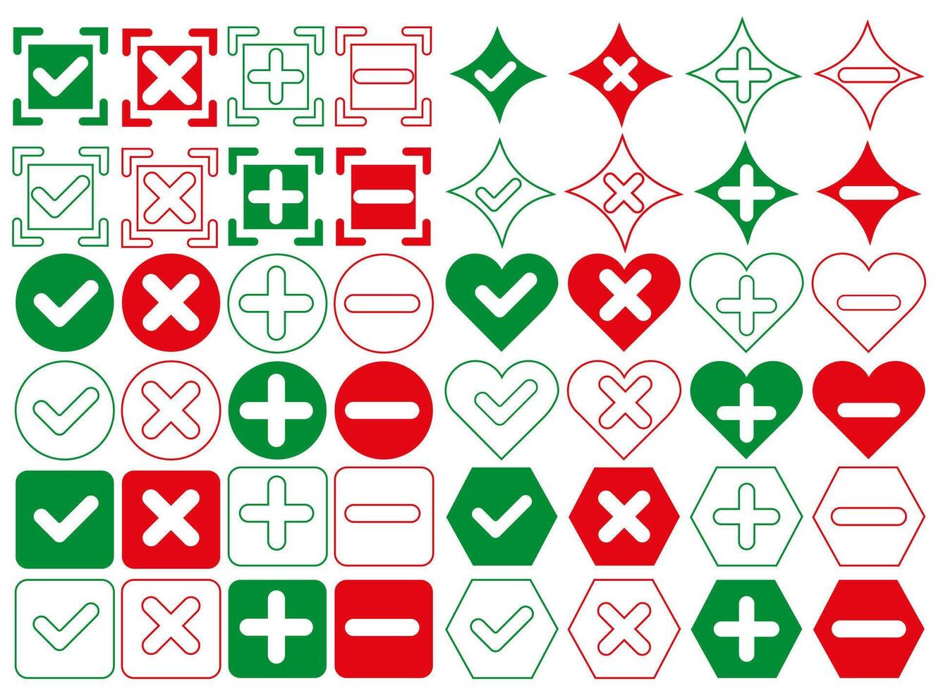 Set the check and cross, as well as plus and minus as a sign of confirmation or negation. vector