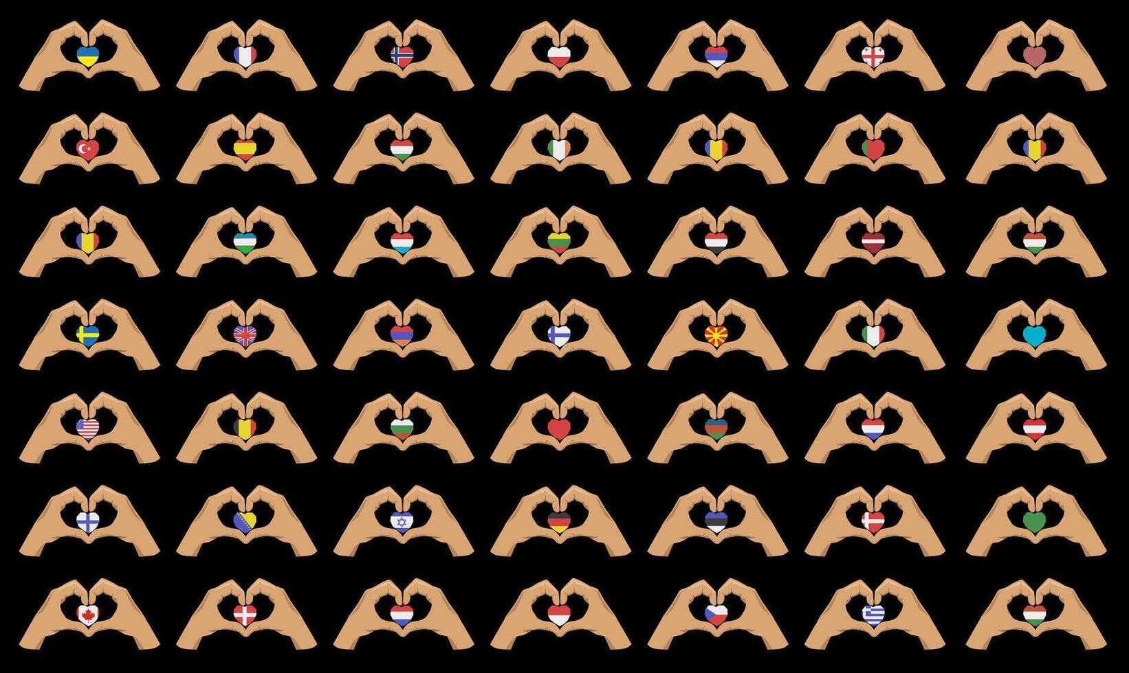 The hands hold the flags of different countries of the world in their hearts. Peace in the world. vector