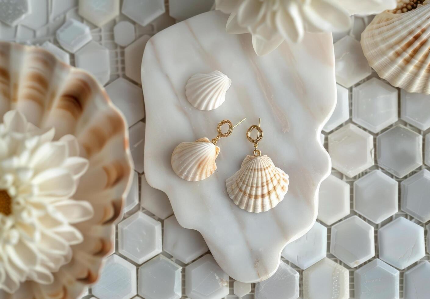 Seashell Earrings Resting on a Marble Tray in the Sunlight photo
