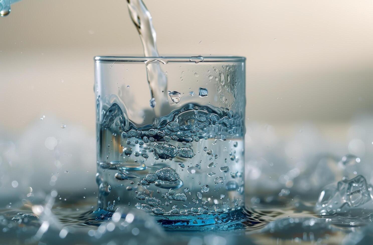 Close Up of Water Pouring Into a Glass With Bubbles and Splashes photo