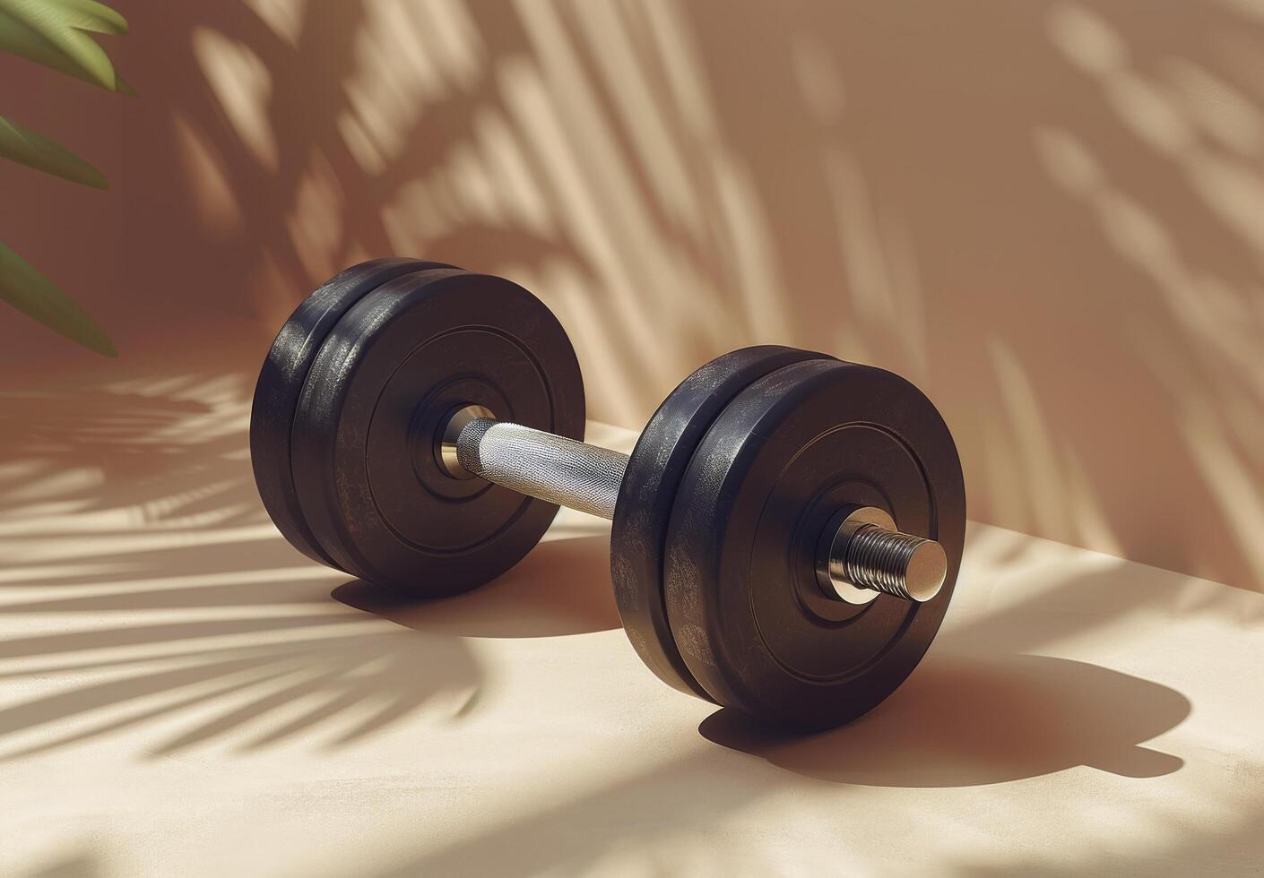 Black Dumbbell Under Palm Tree Shadows on Beige Surface photo