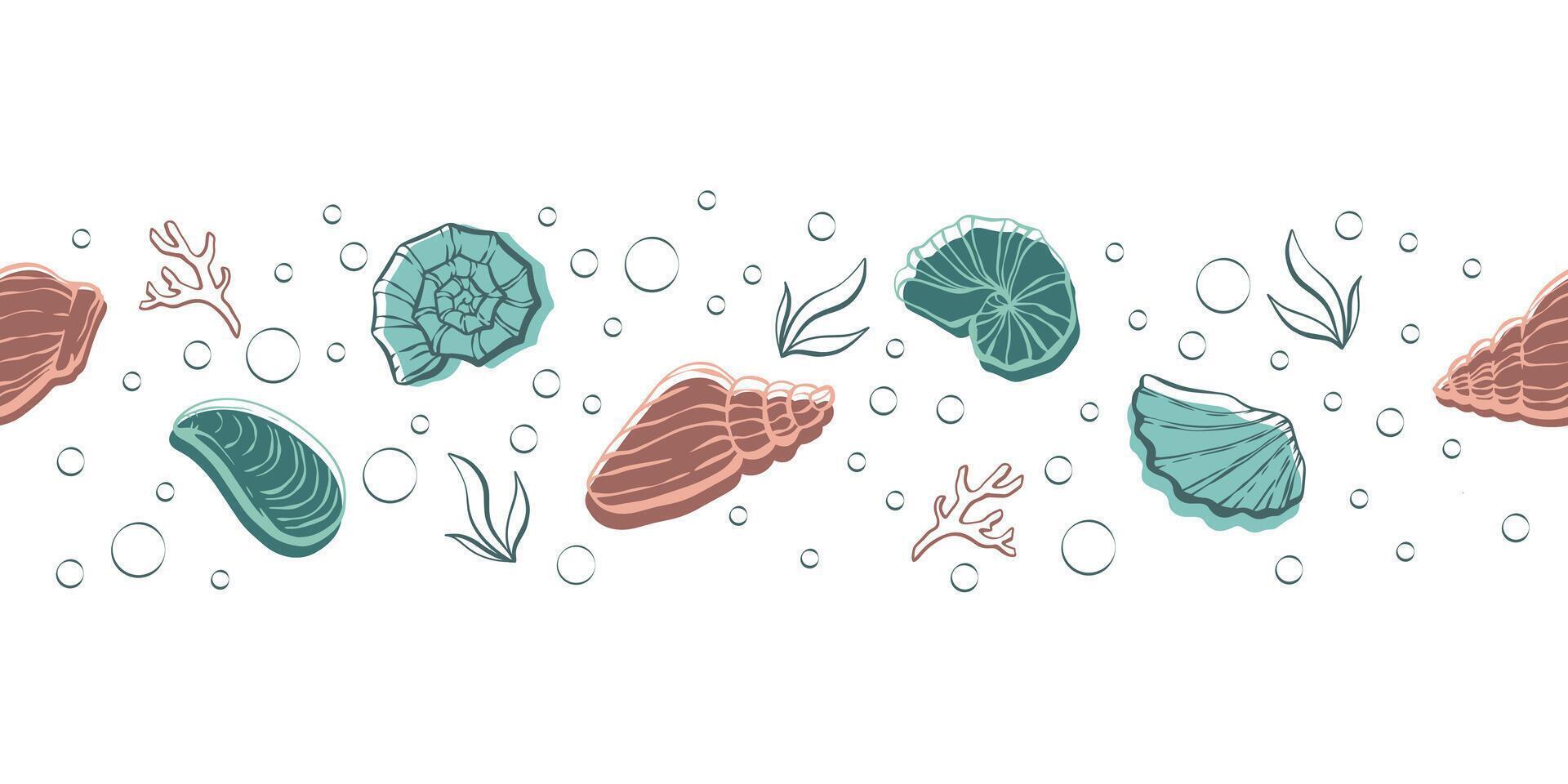 Seamless underwater sea world pattern with shells and bubbles. Clam loopable pattern can be used for wrapping paper, fabric, textile, print, background, borders, templates, cards, social media and web vector