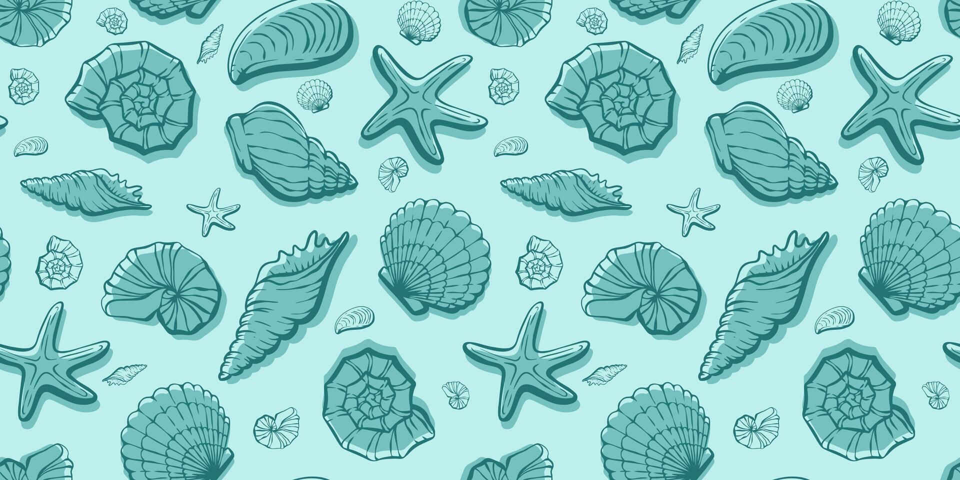 Seamless underwater sea world pattern with shells and bubbles. Clam loopable pattern can be used for wrapping paper, fabric, textile, print, background, borders, templates, cards, social media and web vector