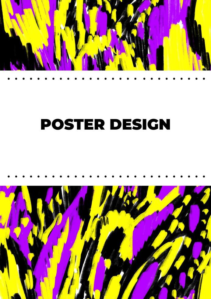 90s style music fest poster template with hand drawn pattern. Banner with animal stains in black, purple and yellow colors. Retro texture painted with chalk. Festival placard with typography vector