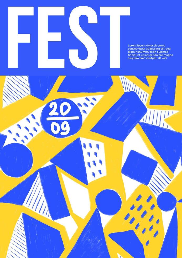 Template with geometric abstract pattern. Poster with cubes, circles and stripes. Hand drawn chalk pattern in blue, yellow and white colors. Placard with typographic elements. Music fest banner vector