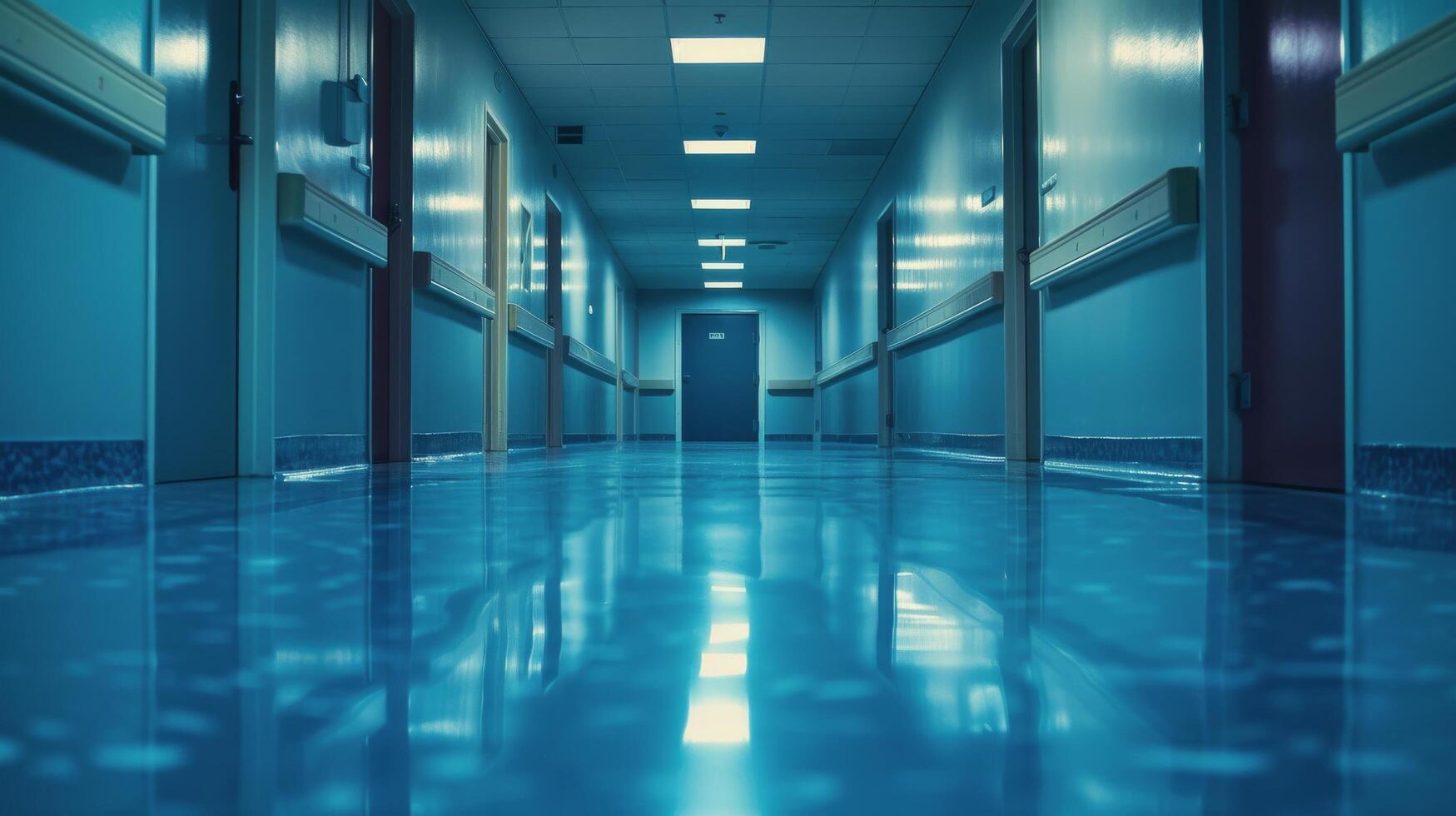 Long Hallway With White Walls and Black and White Flooring photo