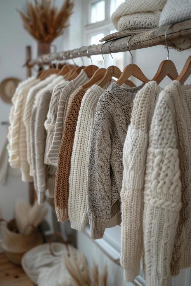 Row of Sweaters Hanging on Rack photo