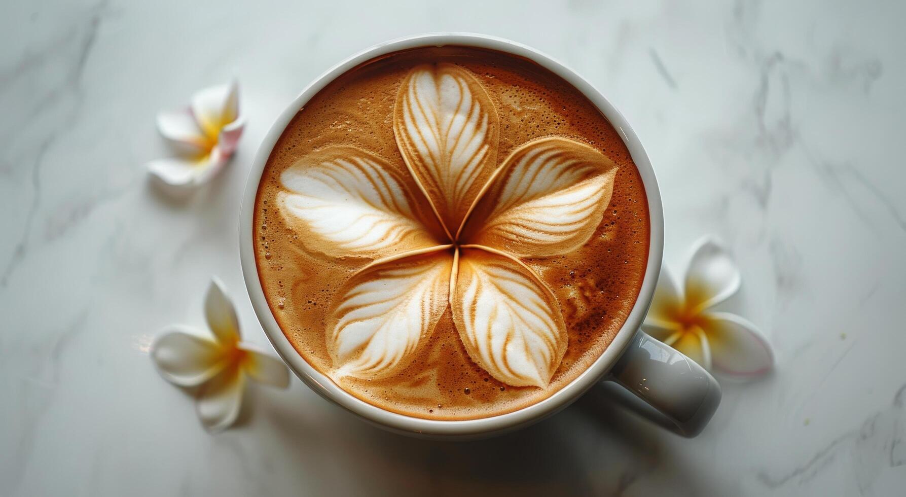 A White Daisy Flower Latte Art Design in a White Cup on a Blue Table photo