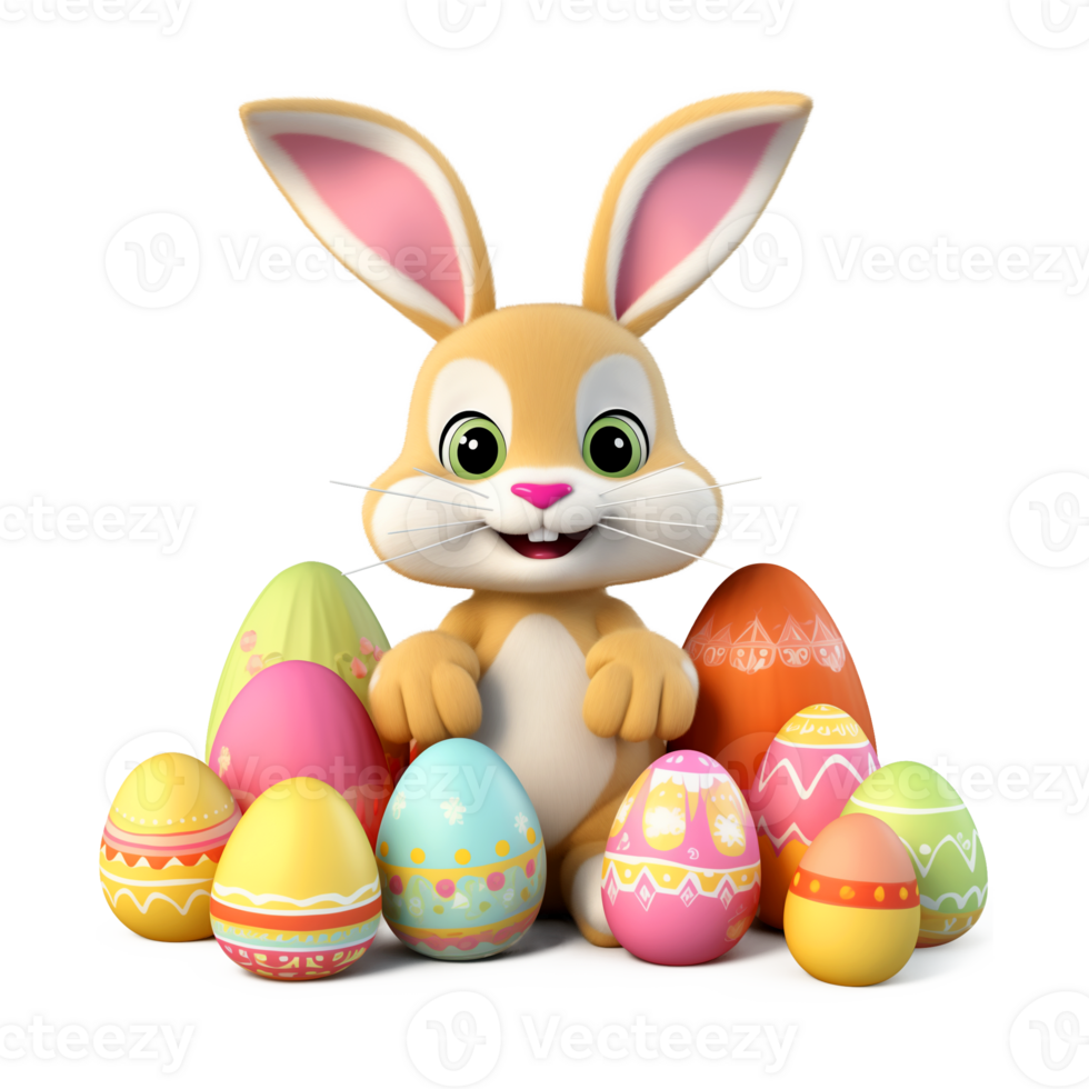 Easter Bunny Surrounding With Easter Eggs Isolated on Transparent Background png