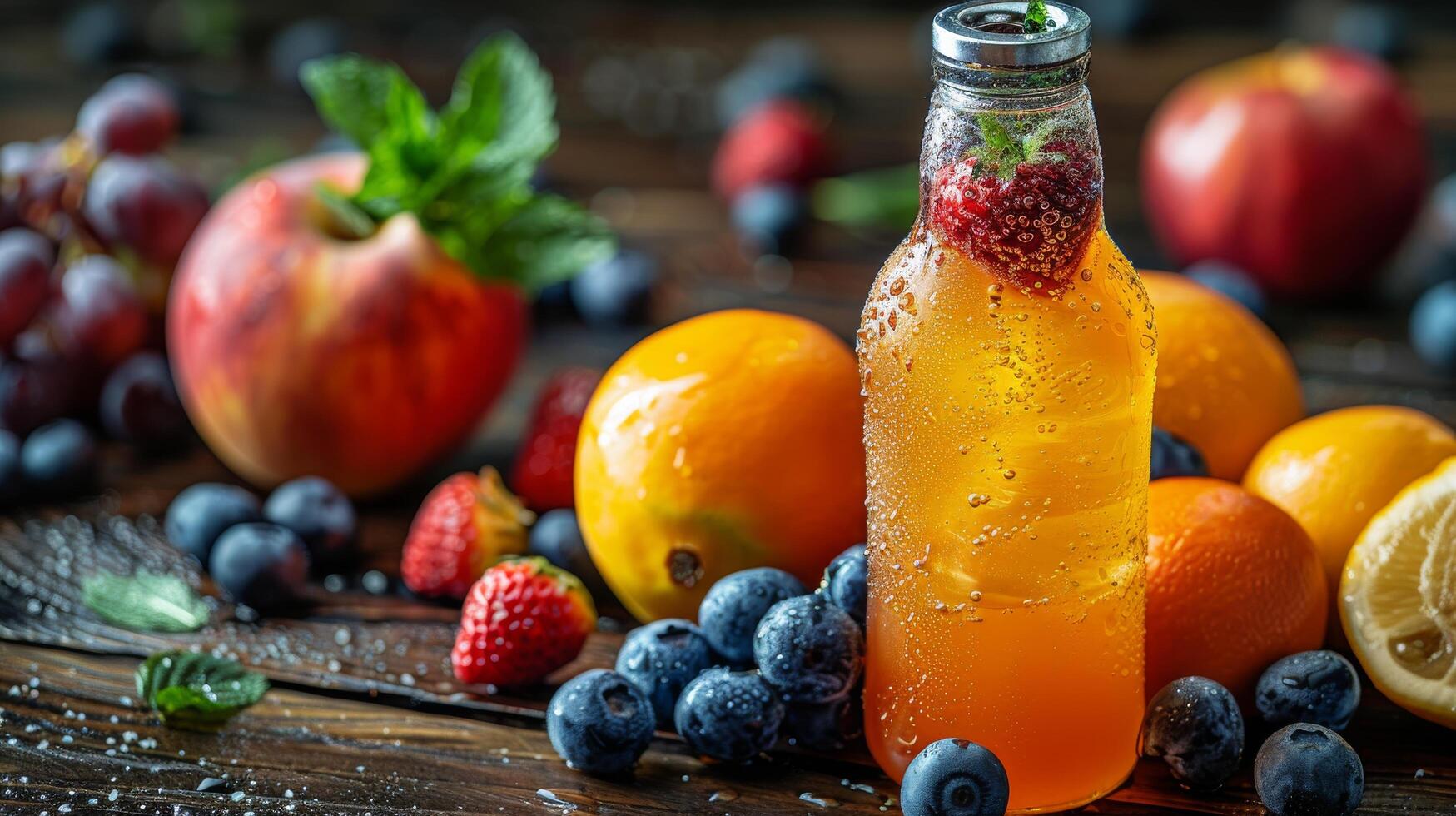 Refreshing Summer Beverage With Fresh Fruit on Wooden Table photo