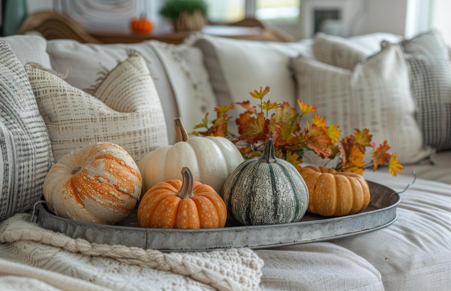 Small Pumpkins in Metal Tray on Cozy Couch photo