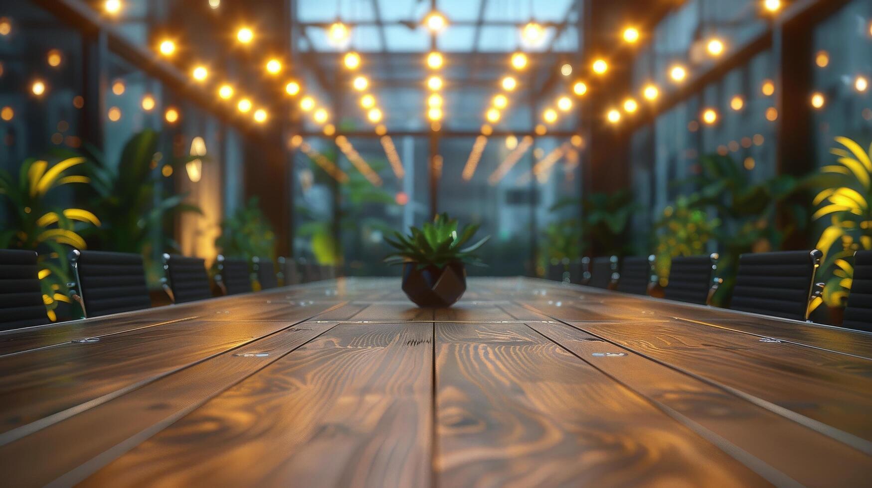 Long Wooden Table With Potted Plant photo