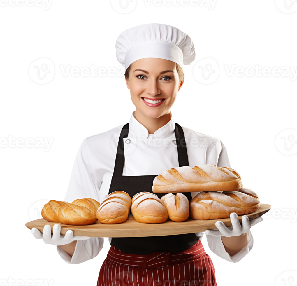 Female Baker Holding Tray of Bread Isolated on Transparent Background png