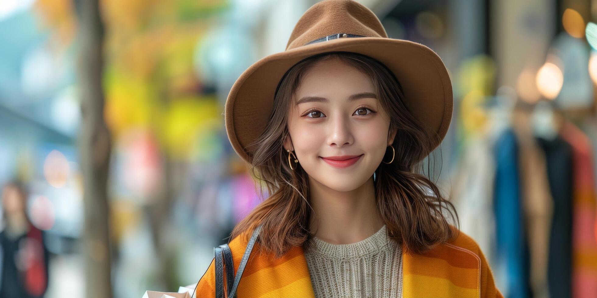 Woman Wearing Hat In Front of Shoe Rack photo