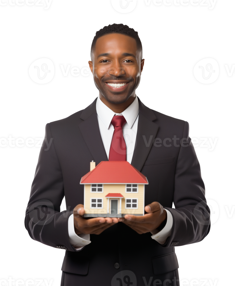 Businessman Holding Mini House Isolated on Transparent Background png