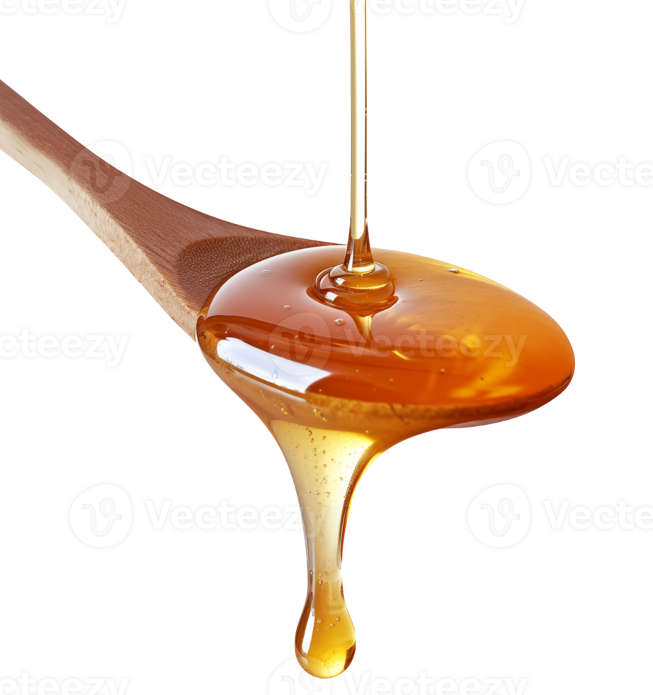 golden honey flow on wooden spoon isolated background png