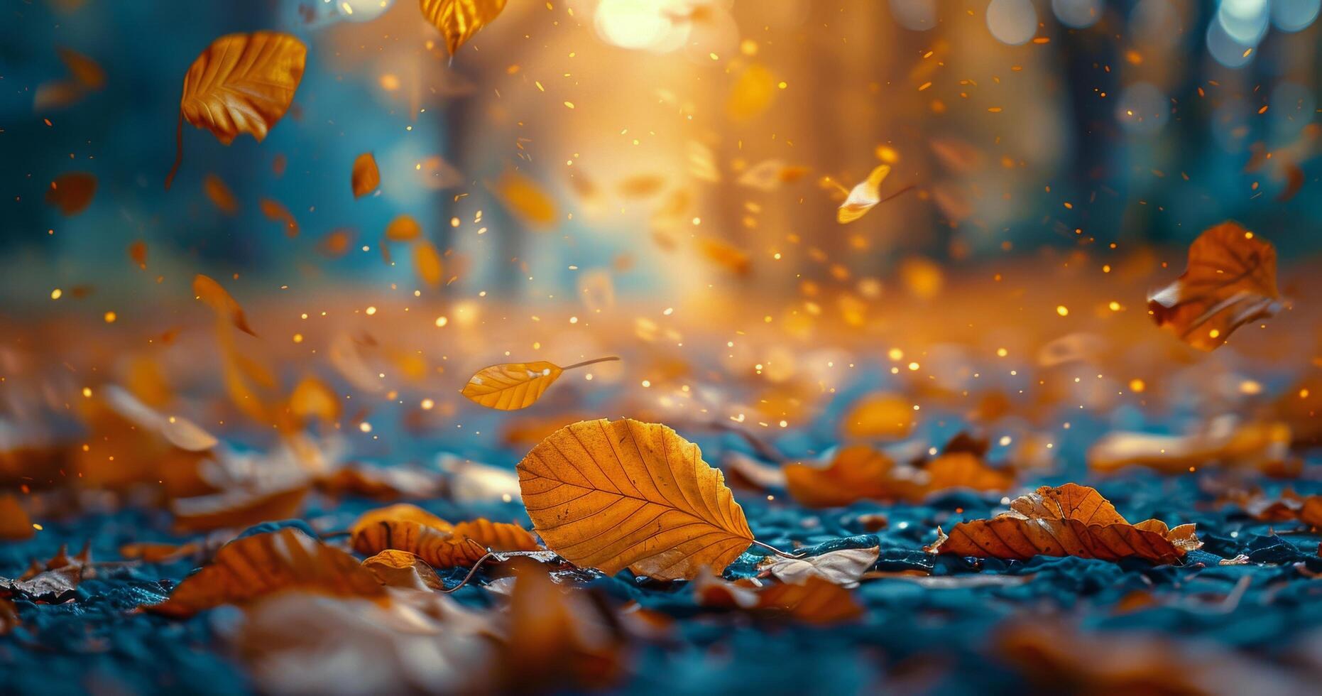 Autumn Leaves Falling in a Forest on a Sunny Day photo