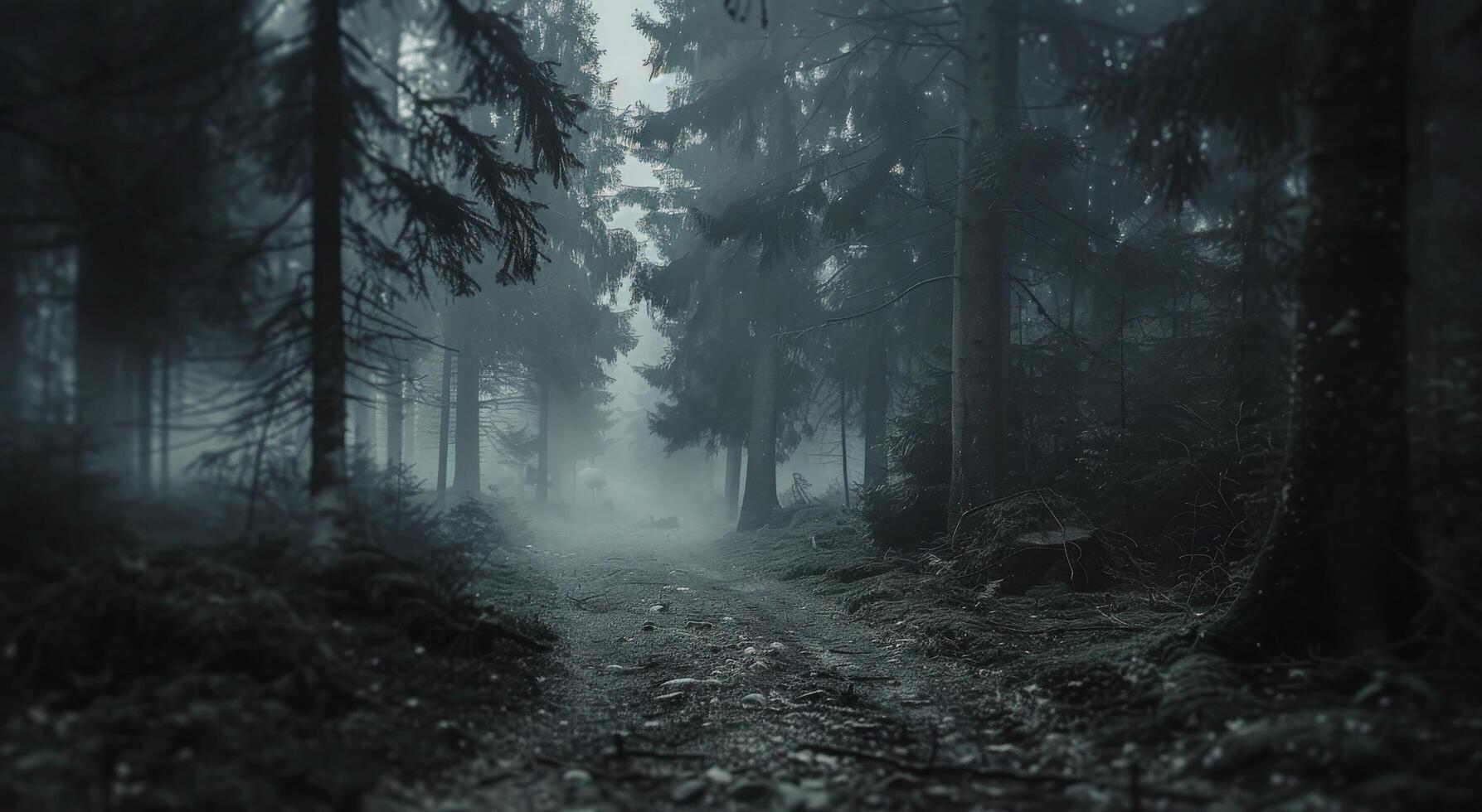 Foggy Forest Path in Autumn With Fallen Leaves photo