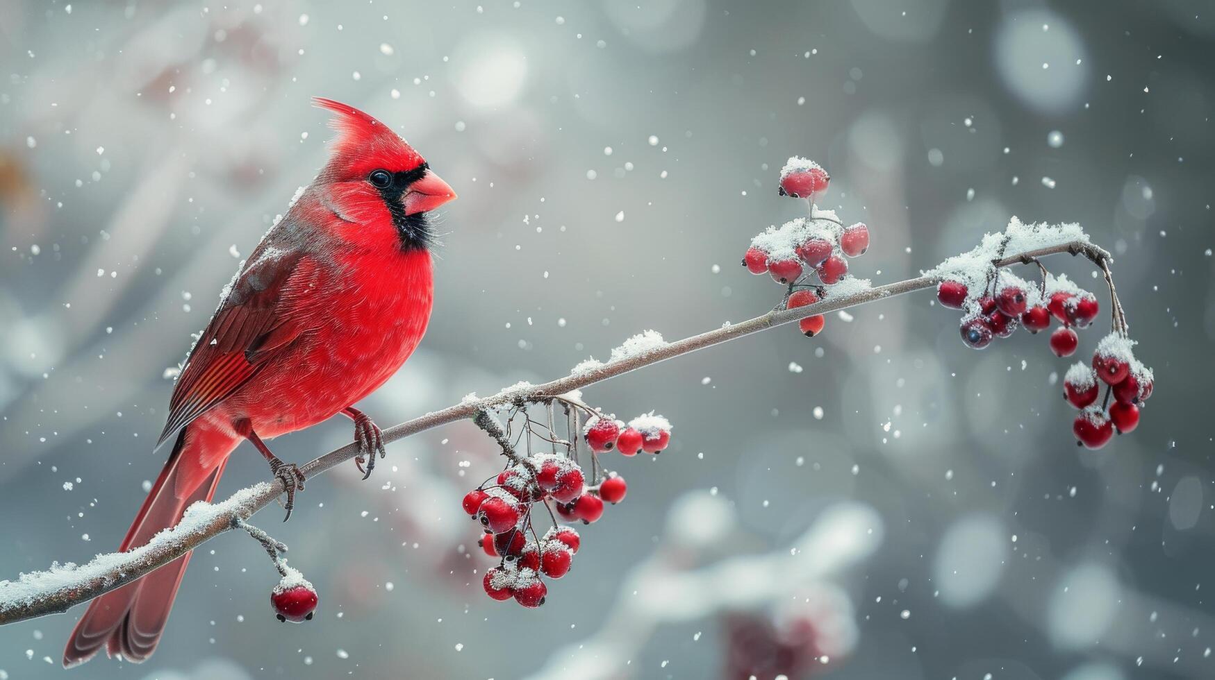 Red Bird Perched on Snow-Covered Tree Branch photo