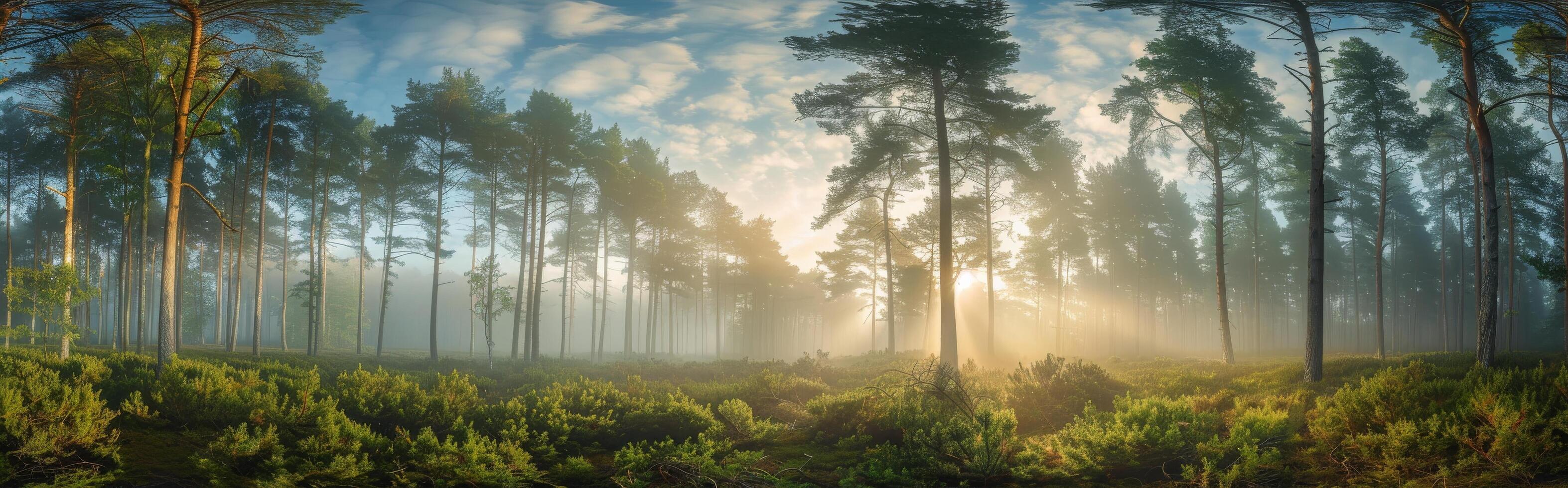 Misty Morning Sunlight Filtering Through Pine Trees in a Forest photo