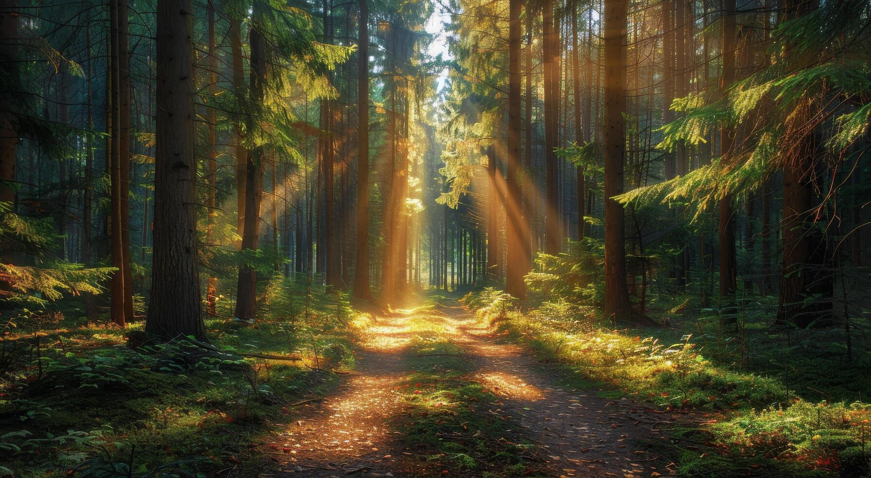 Sunlight Streaming Through Tall Trees in a Forest Path photo