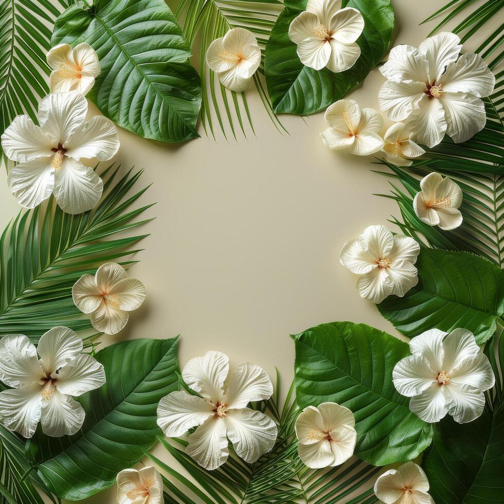 Circular Tropical Arrangement of Leaves and Flowers photo