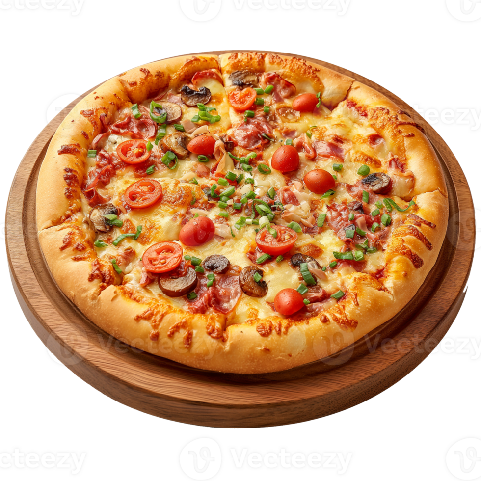 A Supreme Pizza on a wooden plate isolated on a transparent background png