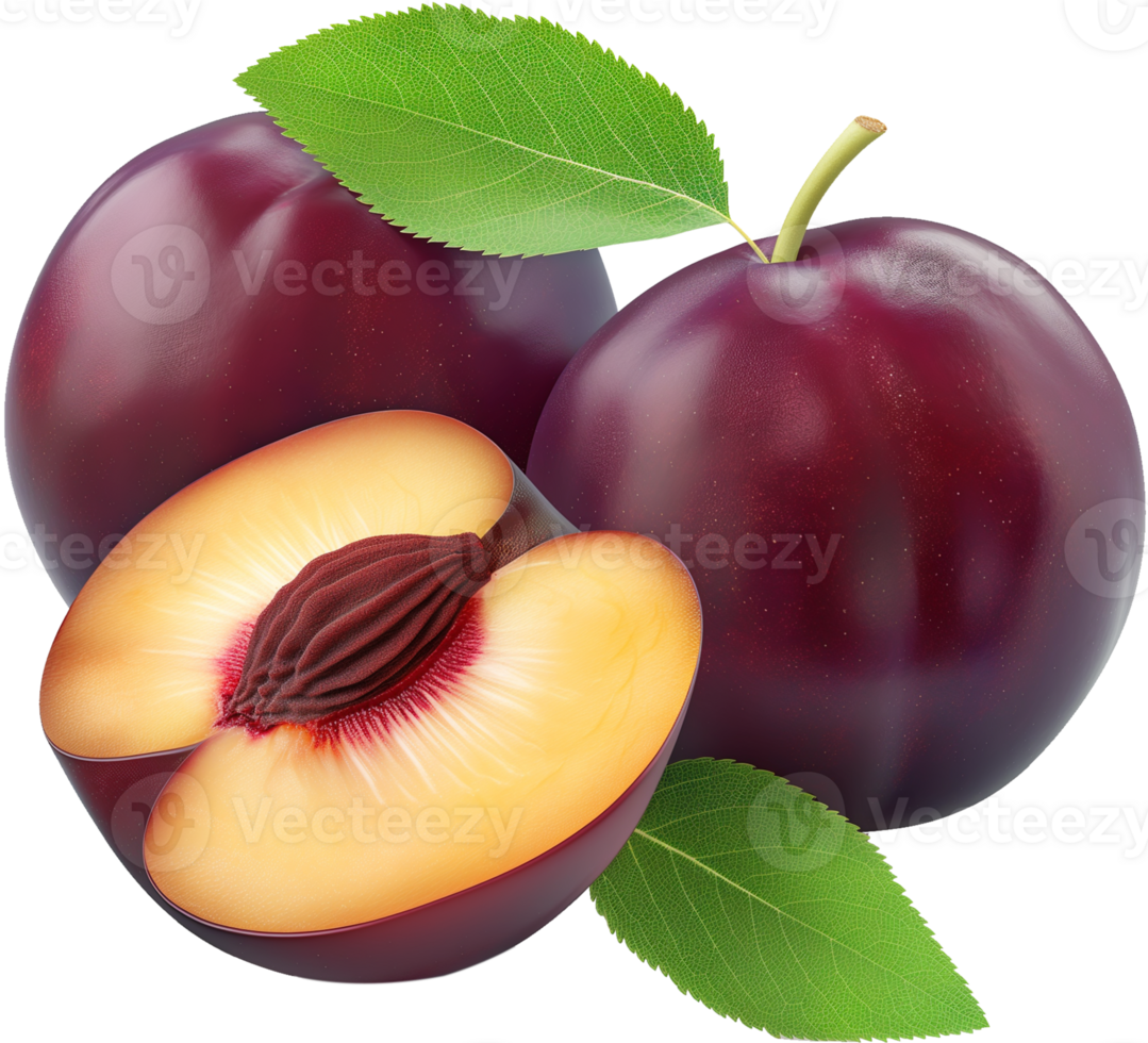 A whole Plum with a half cut peach Isolated on a Transparent Background png