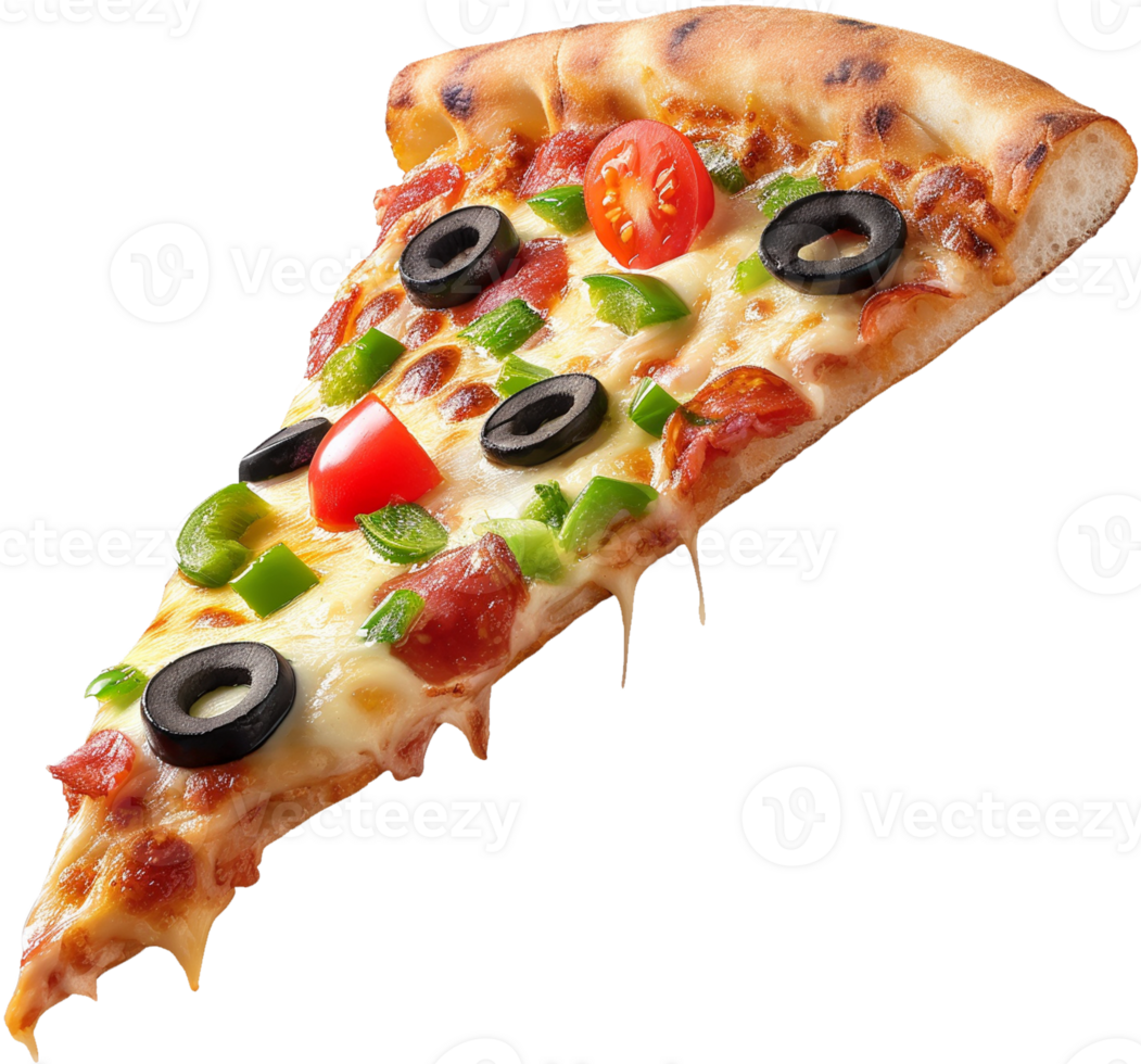 A flying delicious Pizza slice isolated on a transparent background png