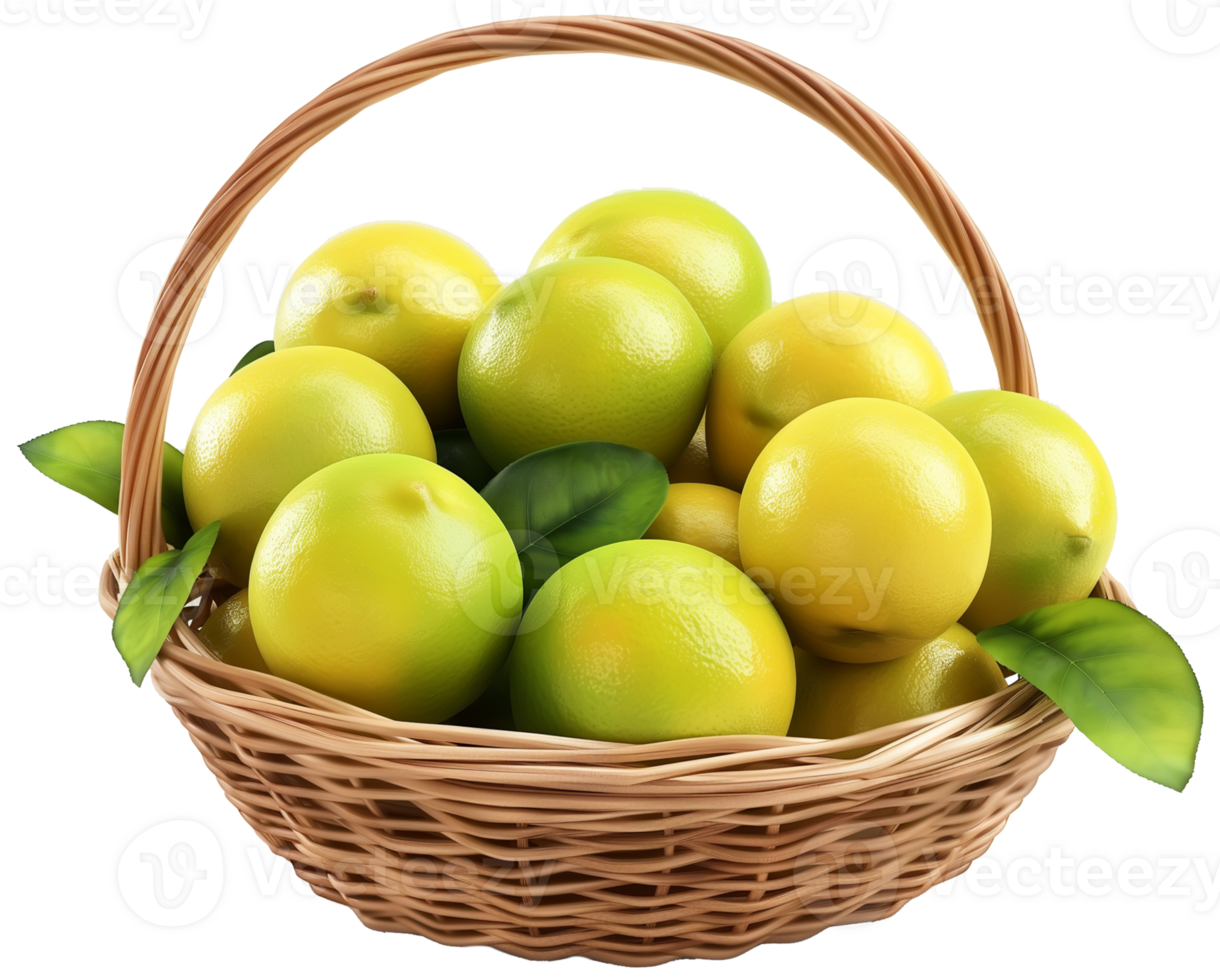 Bunch of lemons in a basket isolated on a transparent background png