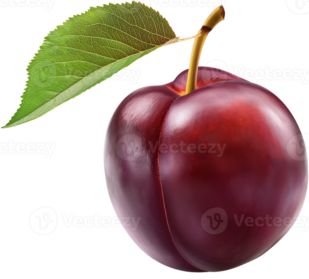 A fresh Plum with a leaf Isolated on a Transparent Background png