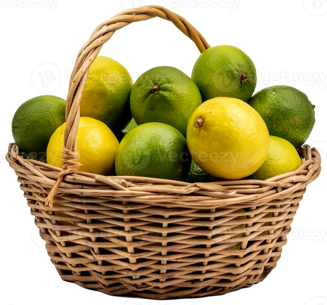Bunch of lemons in a basket isolated on a transparent background png