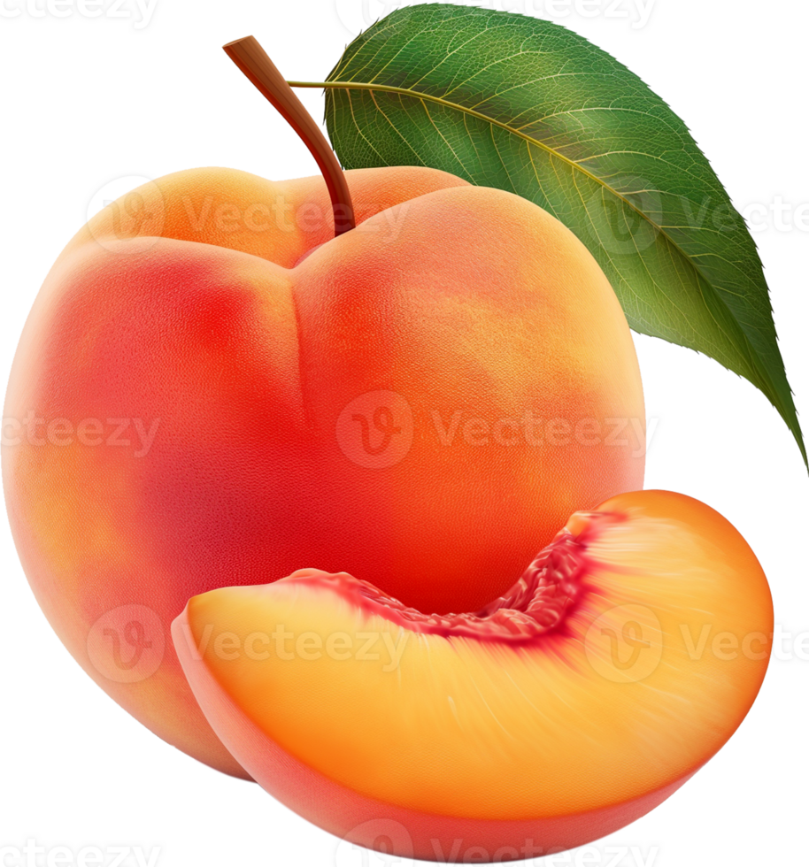 A ripe peach with a half cut peach isolated on a transparent background png