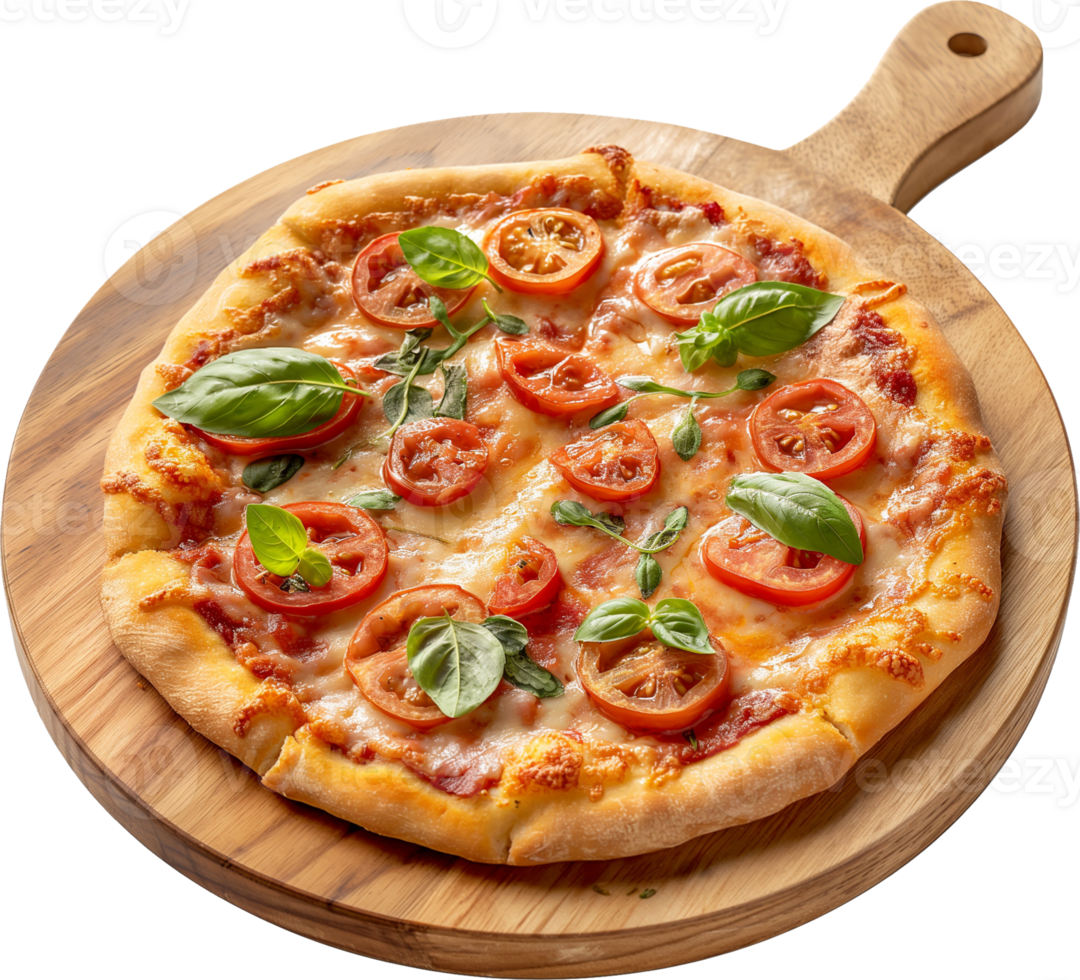 A Margherita Pizza served on wooden plate isolated on a transparent background png