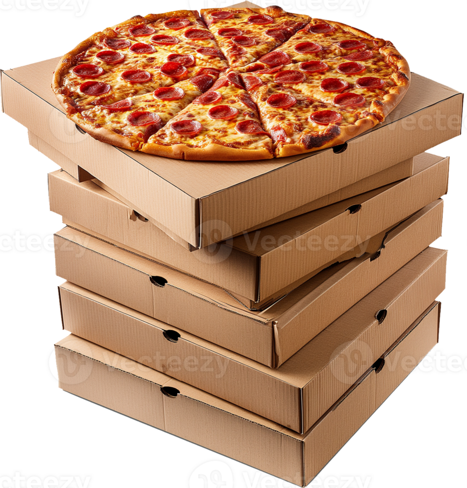 stack of cardboard box with delicious Buffalo Pizza isolated on a transparent background png