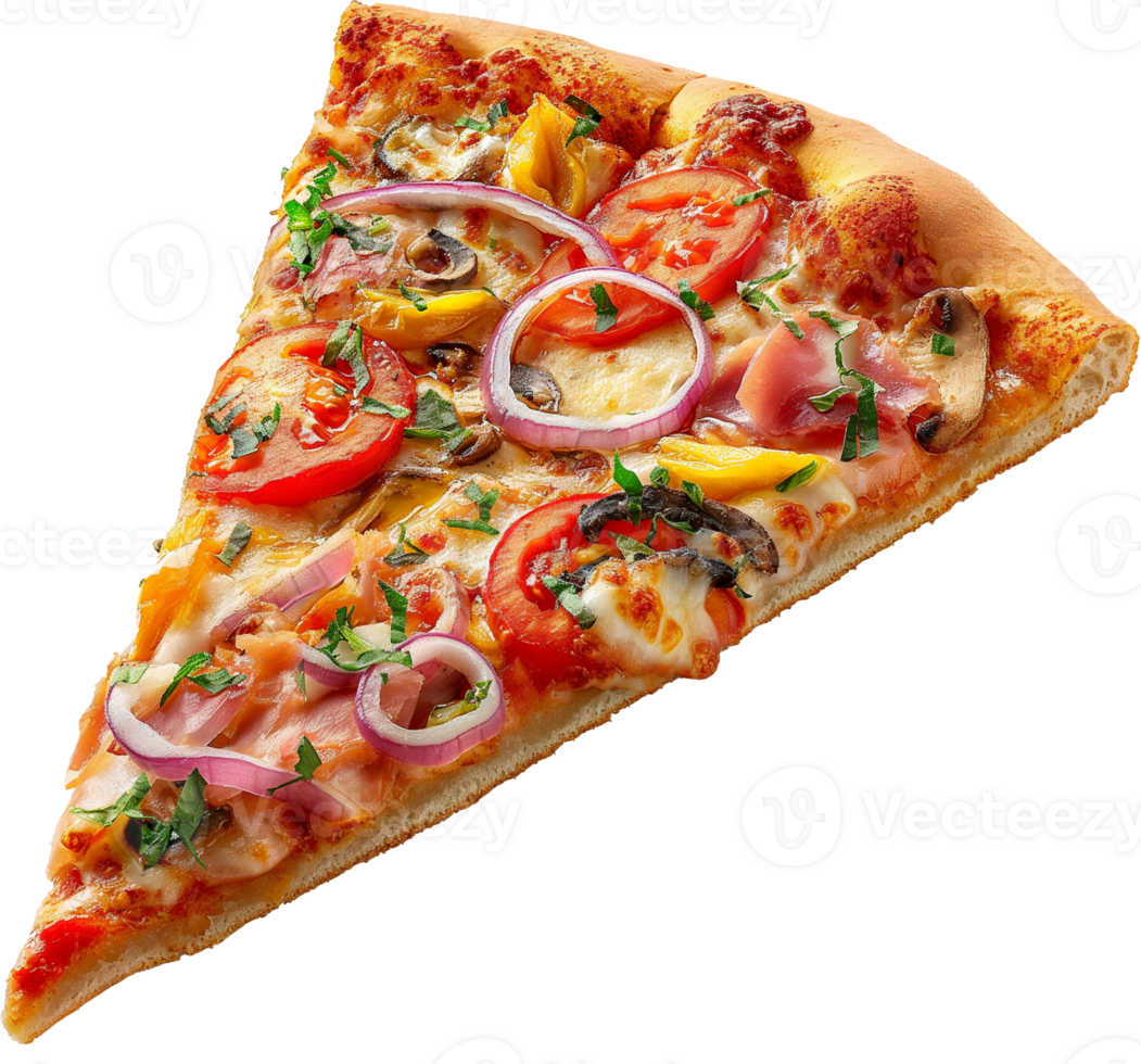 A flying delicious Pizza slice isolated on a transparent background png