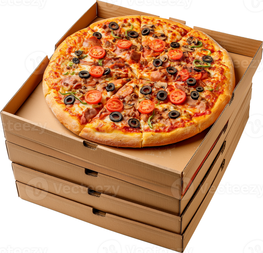 A stack of cardboard boxes with a delicious meat Pizza isolated on a transparent background png