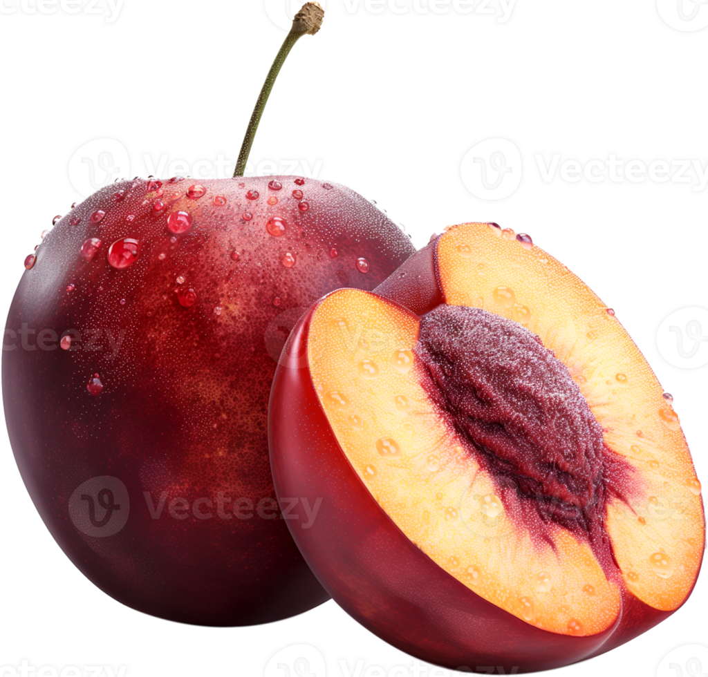 A fresh whole Plum with a half cut plum Isolated on a Transparent Background png