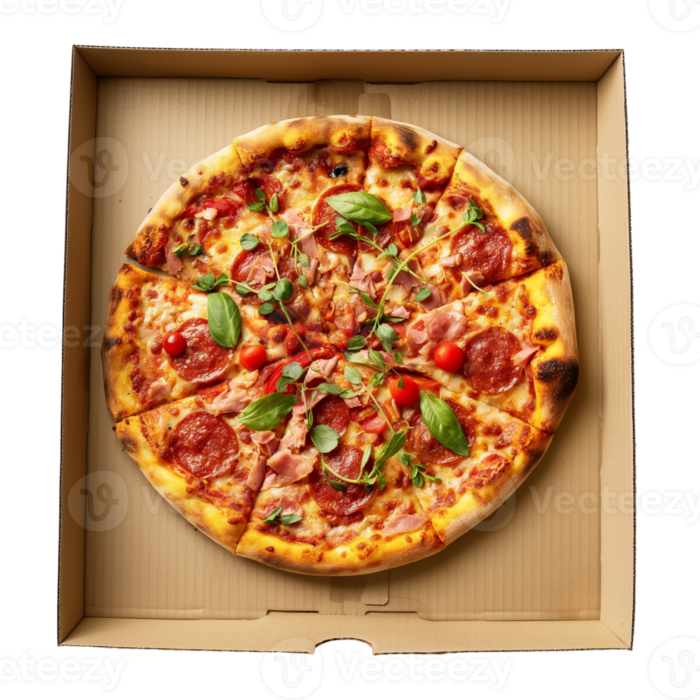 A Supreme Pizza in a cardboard box isolated on a transparent background png