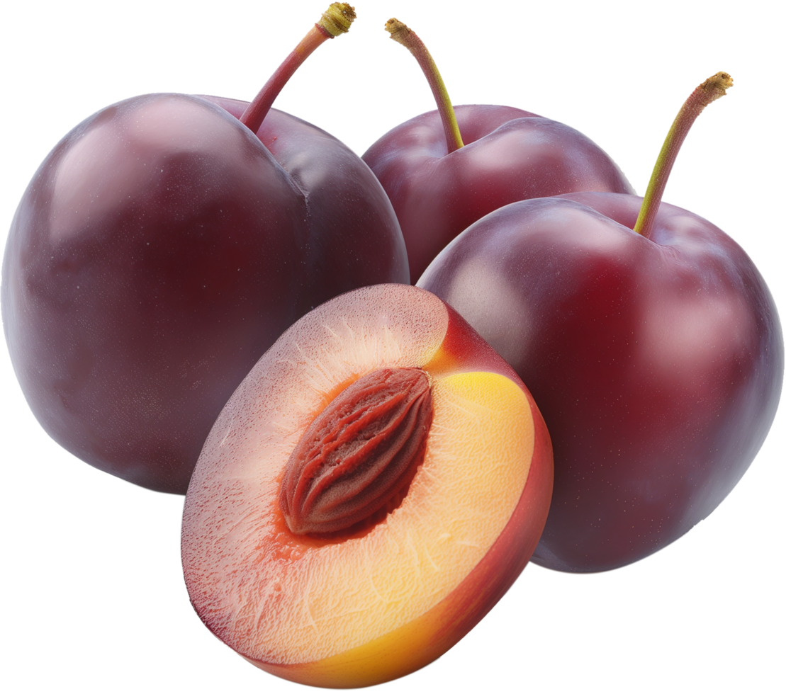 A fresh whole Plum with a half cut plum Isolated on a Transparent Background png