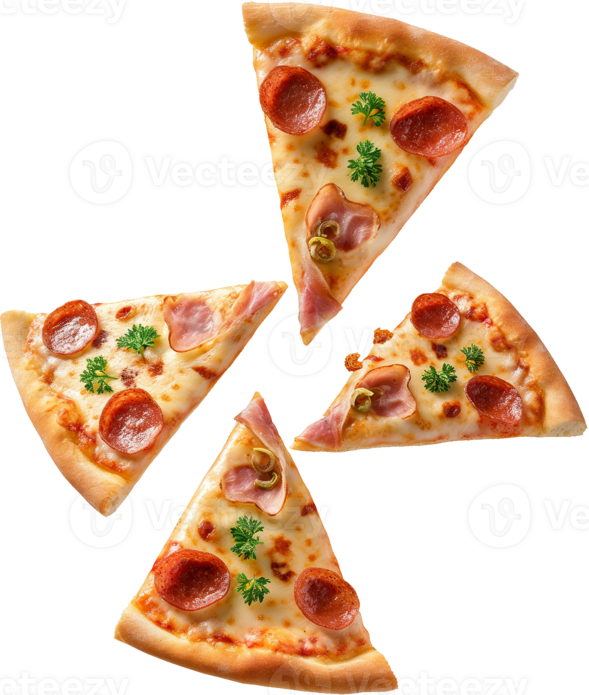flying meat Pizza Slices isolated on a transparent background png