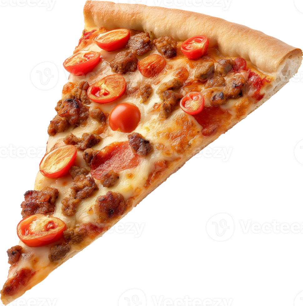 A flying meat pizza slice isolated on a transparent background png