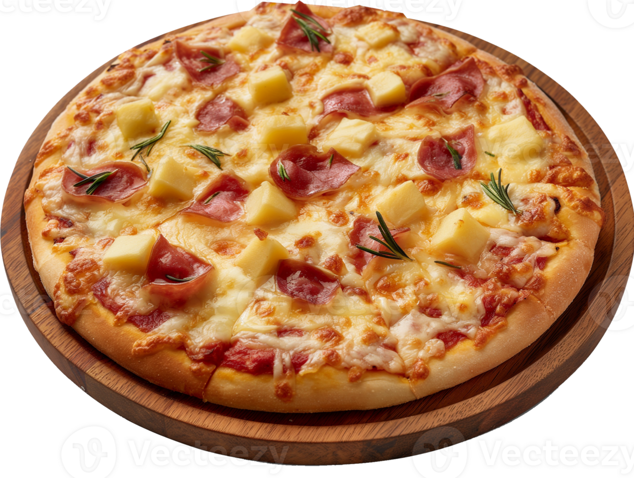A delicious Hawaiian pizza on a wooden plate isolated on a transparent background png