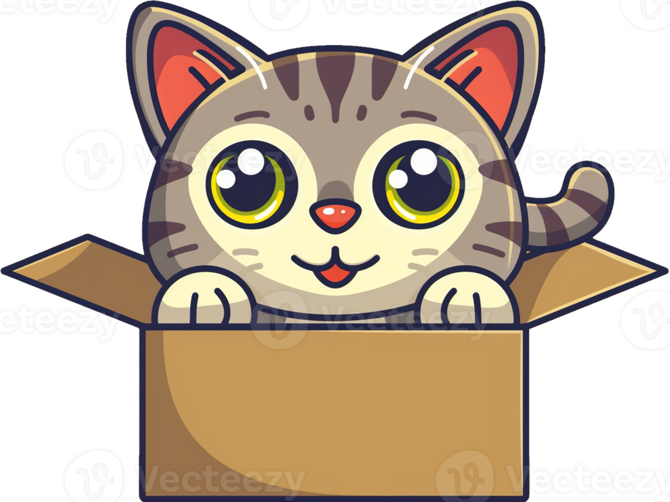 A cute American Bobtail cat stuck in cardboard isolated on a transparent background png