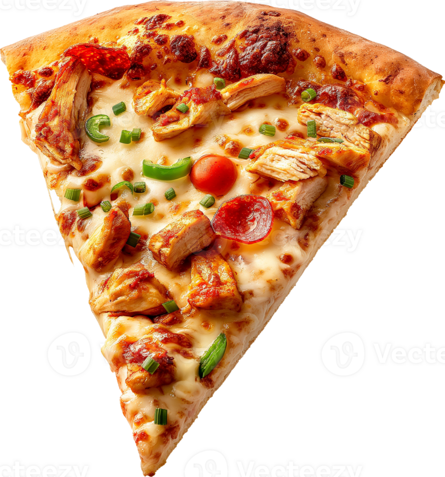 A floating BBQ Chicken Pizza slice isolated on a transparent background png