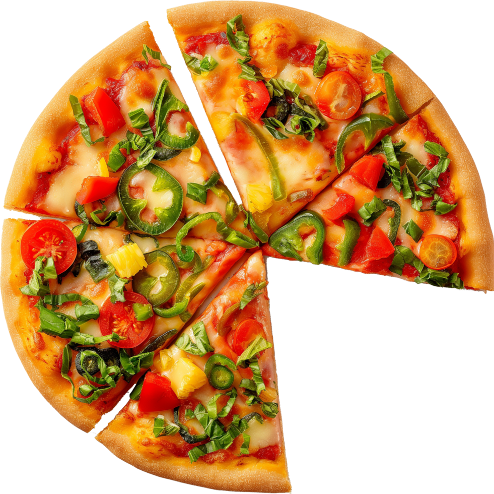 Top view veggie pizza isolated on a transparent background