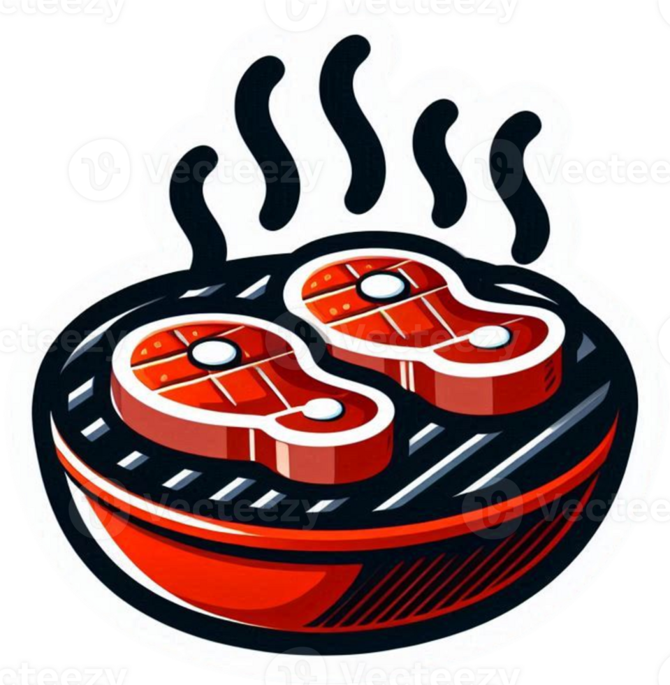Steaks sizzle on a red grill. icon, sticker, transparent design png