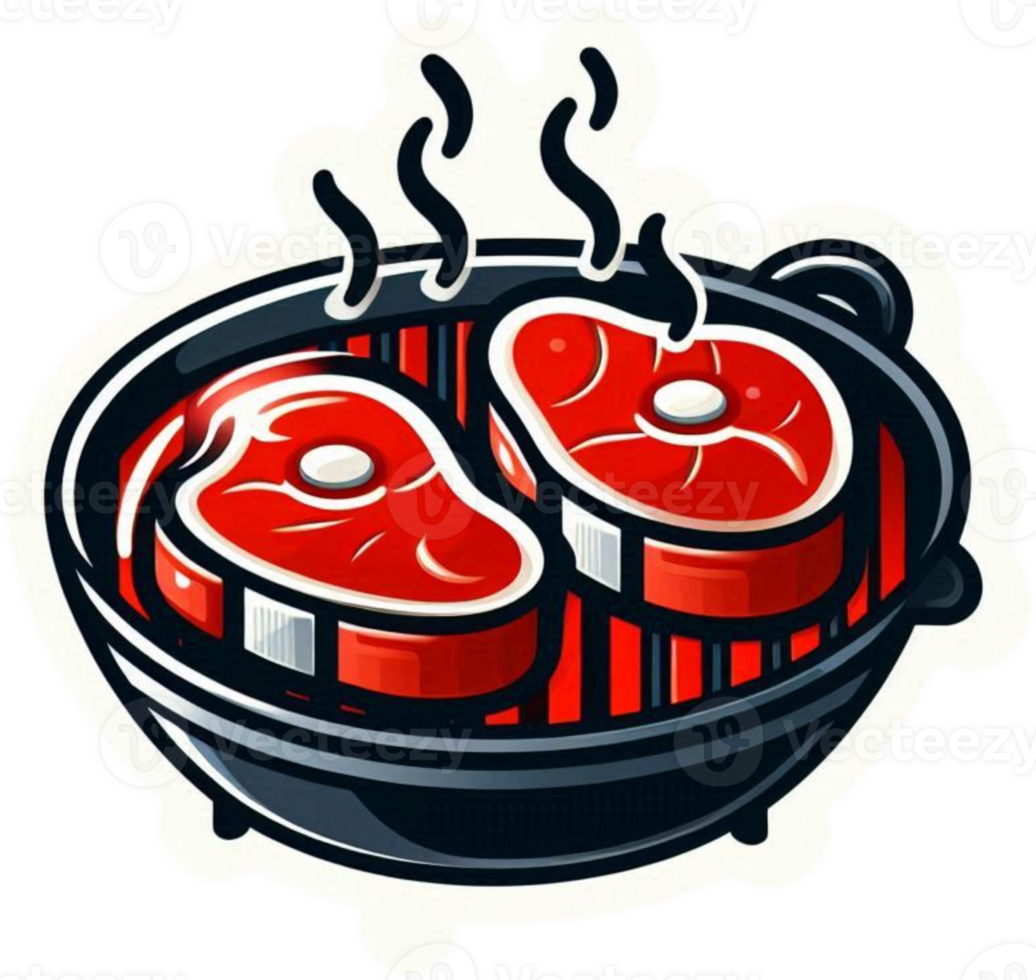 Steaks sizzle on a red grill. icon, sticker, transparent design png